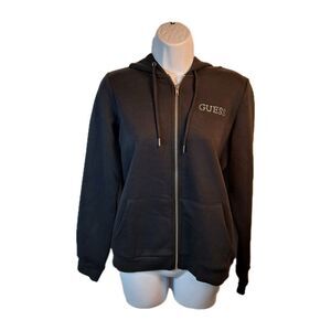 Guess Womens Full Zip Tri-fleece Hoodie Size M Rhinestone Logo Black